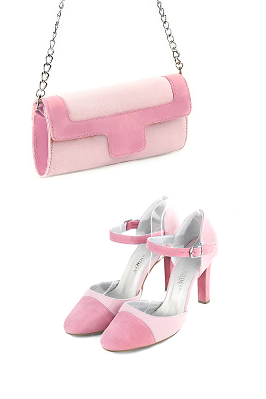 Women's light pink and carnation pink luxurious elegant clutch for ceremonies, weddings and evenings out. - Worn view